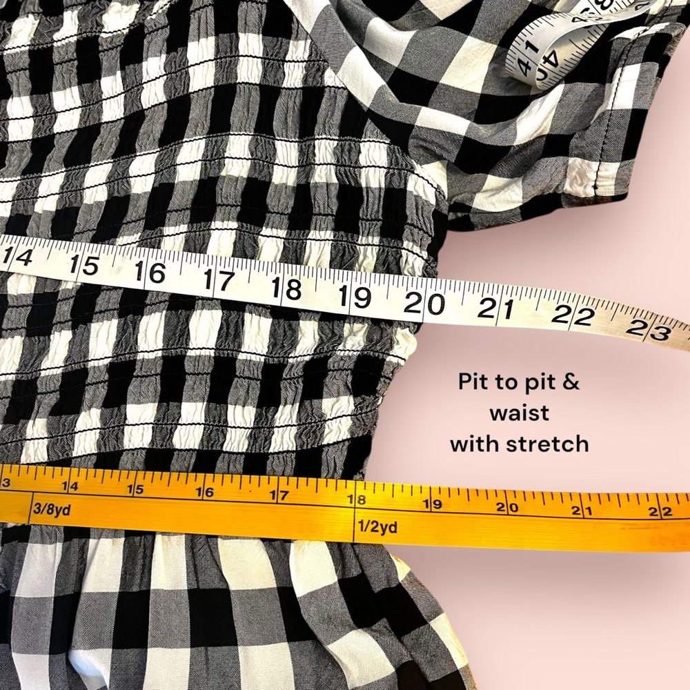 Place Gingham Shirred Ruffle Dress, L, Black White - Picture 5 of 15